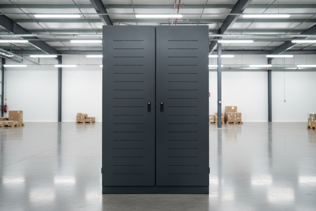 Phoenix Battery Commander Pro BS1940 industrial twin-door battery storage cabinet in a warehouse