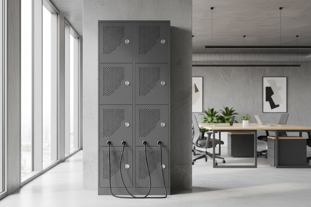 Phoenix Battery Commander Pro BS1940 locker-style battery storage cabinet in a modern workspace