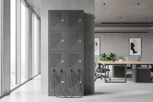 Phoenix Battery Commander Pro BS1940 locker-style battery storage cabinet in a modern workspace