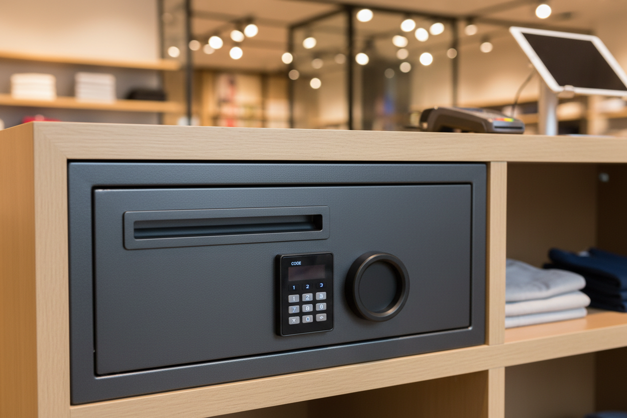 Phoenix Cashier Deposit SS0990 safe with front-facing deposit slot in a retail environment