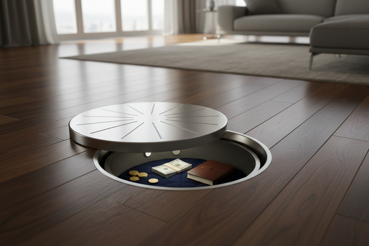 Phoenix Charon UF0900 round-door underfloor safe installed beneath a wooden floor