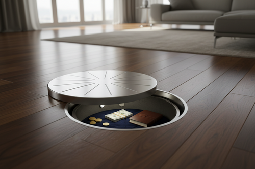 Phoenix Charon UF0900 round-door underfloor safe installed beneath a wooden floor