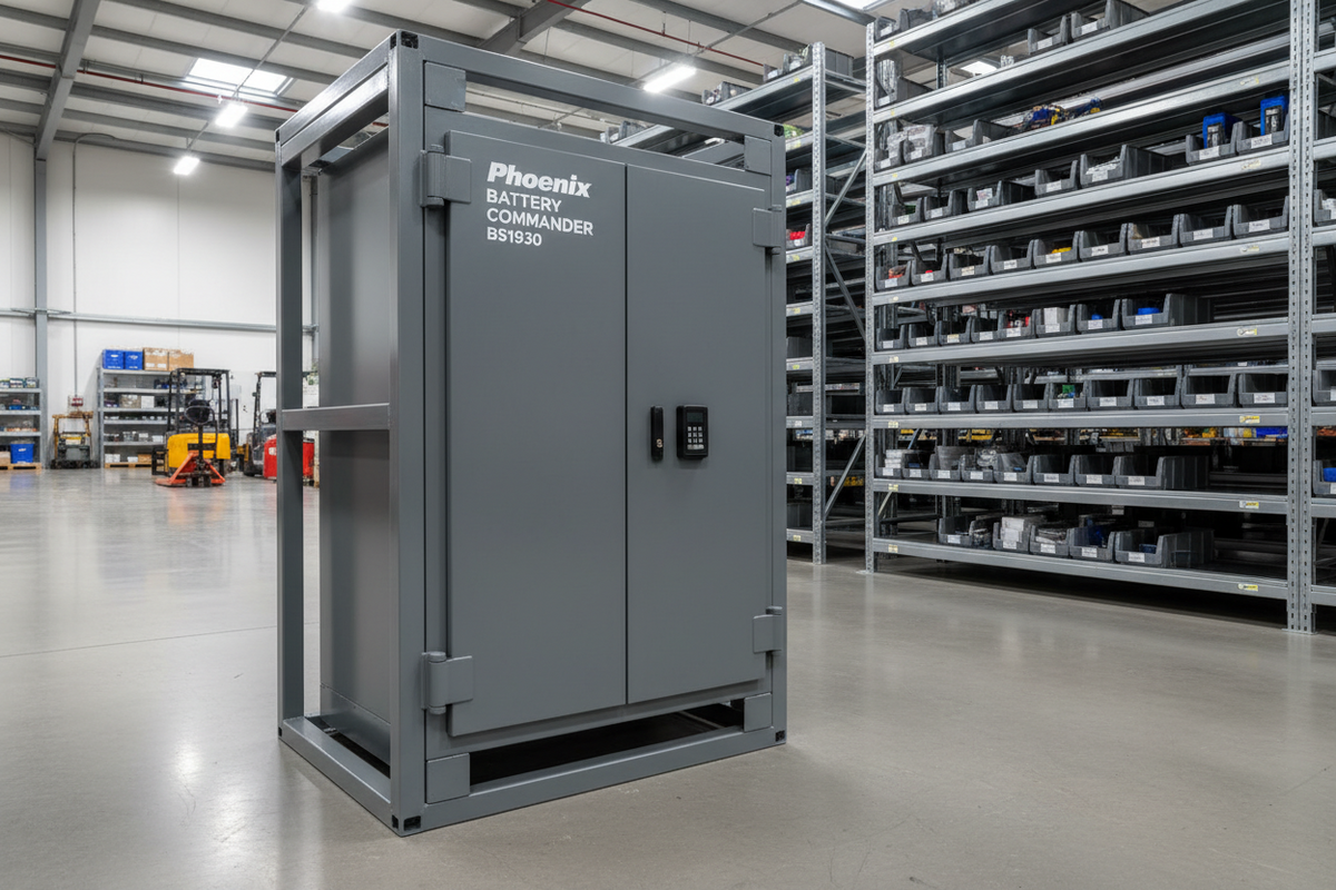 Phoenix Battery Commander BS1930 lithium battery storage cabinet in an office or warehouse