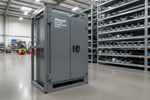 Phoenix Battery Commander BS1930 lithium battery storage cabinet in an office or warehouse