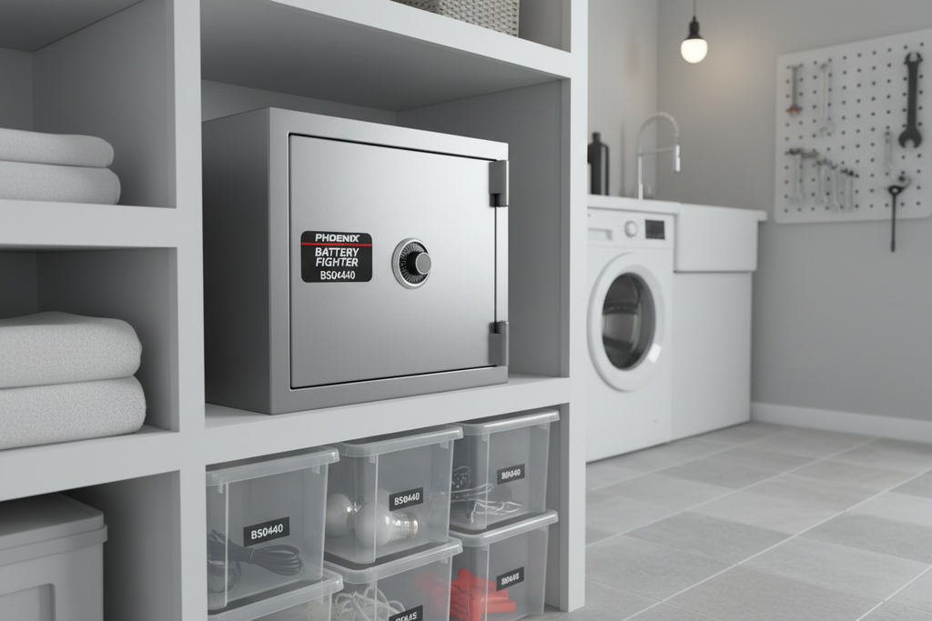 Phoenix Battery Fighter BS0440 lithium battery fireproof cabinet in a home or workshop
