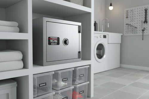 Phoenix Battery Fighter BS0440 lithium battery fireproof cabinet in a home or workshop