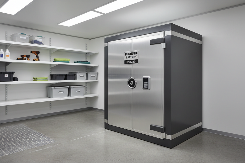 Phoenix Battery Titan BS1280 lithium battery fireproof safe in a modern home or garage