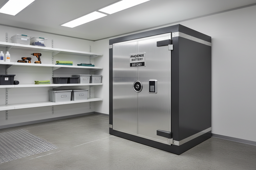 Phoenix Battery Titan BS1280 lithium battery fireproof safe in a modern home or garage