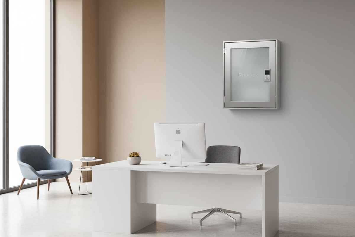 Phoenix commercial key cabinet with electronic keypad in a modern office environment