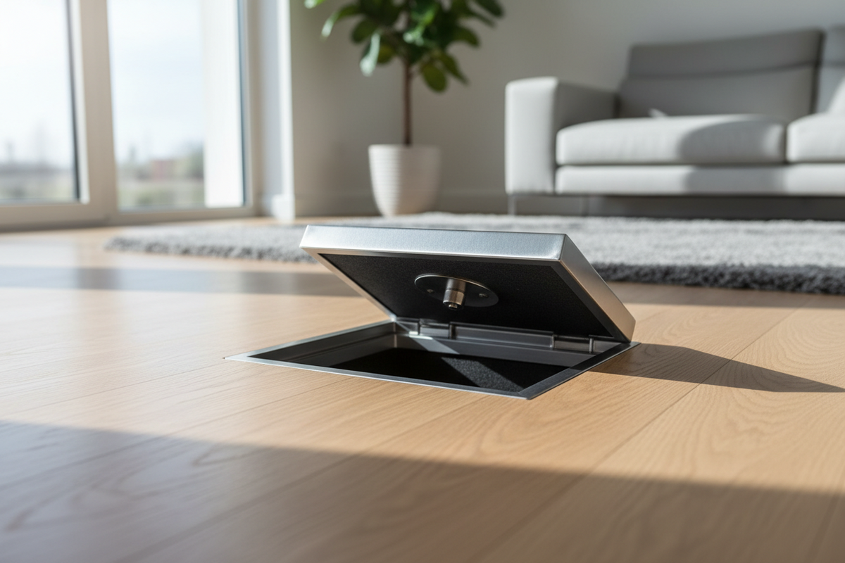 Phoenix Tarvos UF0600 underfloor safe installed beneath a wooden floor in a modern home