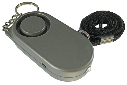 BATTERY POWERED MINI PERSONAL ATTACK ALARM WITH KEY RING ATTACHMENT, PULL PIN & TORCH