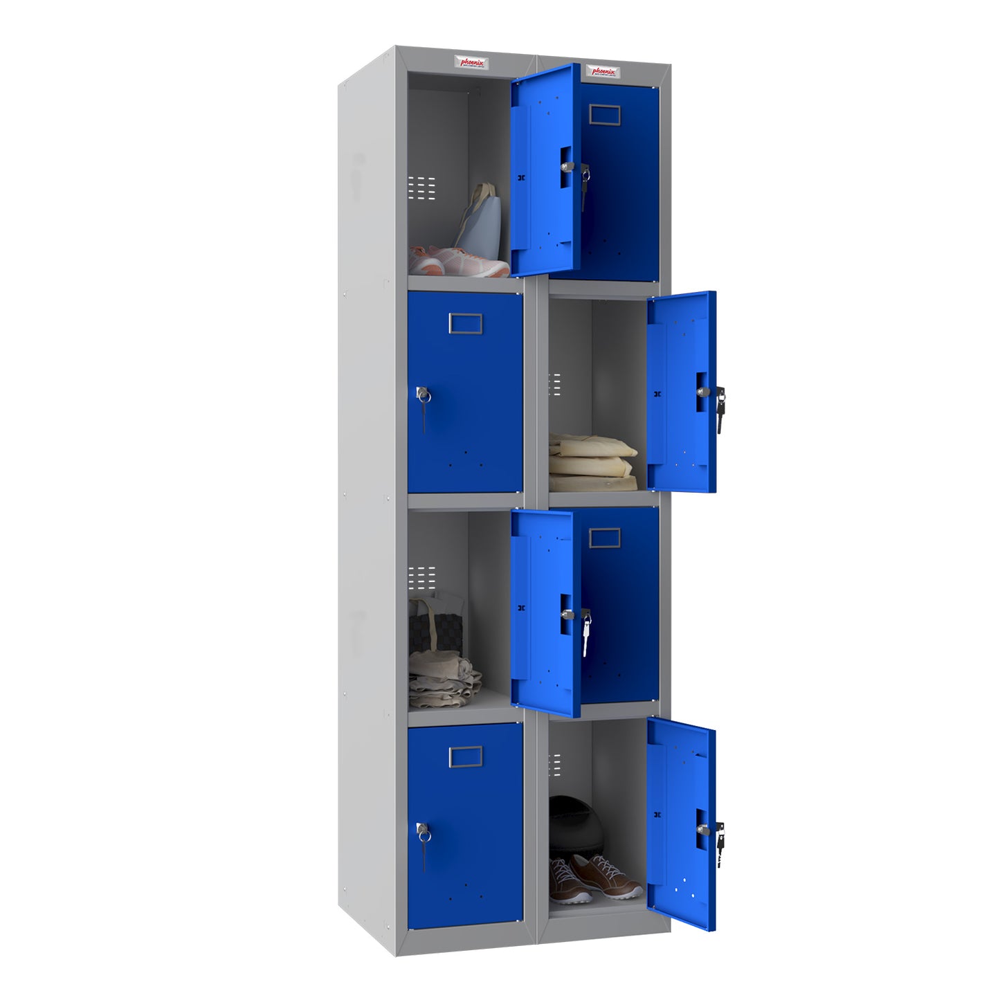 Phoenix PL Series PL2460GBK 2 Column 8 Door Personal Locker Combo Grey Body/Blue Doors with Key Locks - my-beautiful-safes